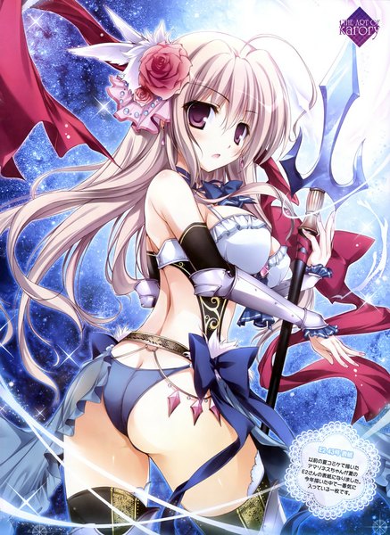 Anime picture 850x1167 with karory single long hair tall image looking at viewer blush fringe light erotic purple eyes bare shoulders holding pink hair ahoge ass parted lips looking back girl hair ornament weapon frills