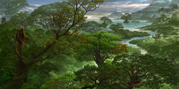 Anime picture 1999x1000 with original ucchiey highres wide image sky cloud (clouds) sunlight mountain fantasy river plant (plants) wings tree (trees) water sea building (buildings) forest dragon tower