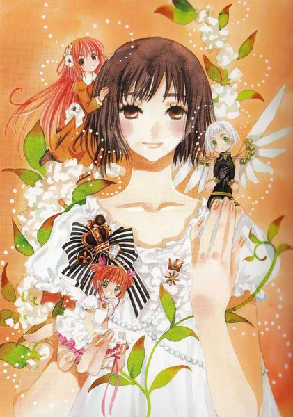 Anime picture 1642x2340 with card captor sakura kobato clover (manga) clamp kinomoto sakura hanato kobato suu (clover) maaya sakamoto long hair tall image blush short hair brown hair standing sitting bare shoulders multiple girls holding brown eyes green eyes