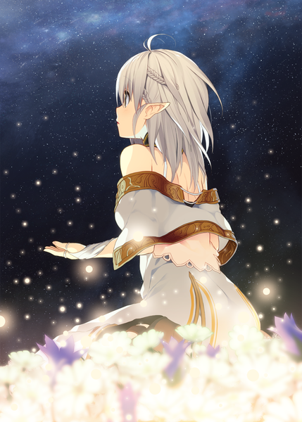 Anime picture 1131x1580 with original minase yuu single long hair tall image fringe breasts sitting bare shoulders looking away sky silver hair ahoge braid (braids) parted lips pointy ears night grey eyes night sky glowing
