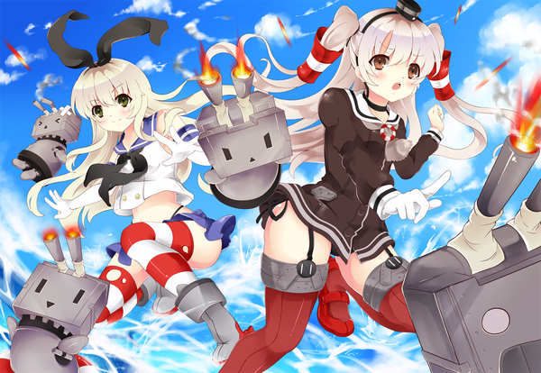 Anime picture 1257x868 with kantai collection shimakaze destroyer rensouhou-chan amatsukaze destroyer rensouhou-kun yumekii long hair blush open mouth smile multiple girls brown eyes green eyes sky cloud (clouds) white hair two side up girl thighhighs skirt