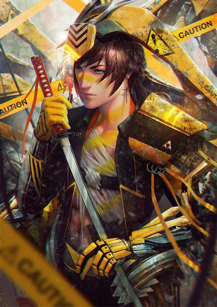 Anime picture 848x1200 with original valentina remenar single long hair tall image brown hair looking away aqua eyes open clothes open jacket scar face paint boy gloves weapon earrings sword jacket katana bandage (bandages)