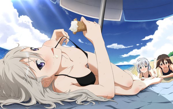 Anime picture 1631x1034 with strike witches miyafuji yoshika sanya v. litvyak eila ilmatar juutilainen m-ya long hair looking at viewer blush short hair breasts open mouth blue eyes light erotic black hair multiple girls brown eyes sky silver hair cloud (clouds) lying