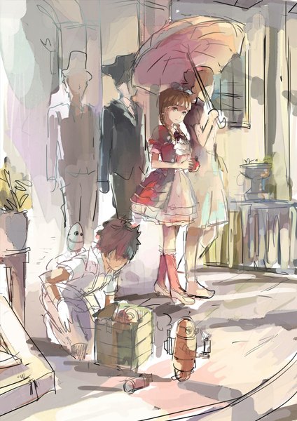 Anime picture 800x1131 with original ooi choon liang tall image looking at viewer blush short hair brown hair twintails multiple girls brown eyes multiple boys kneeling hair over eyes shared umbrella girl dress boy hair ornament bow 2 girls