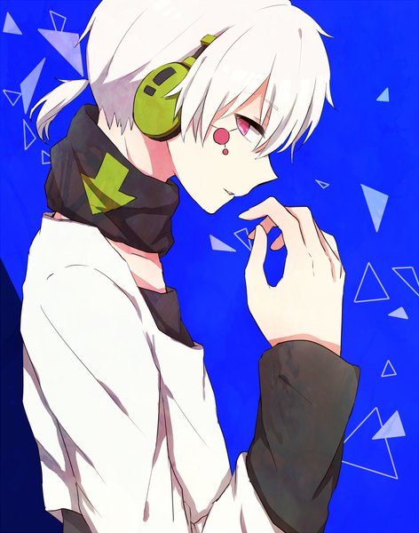 Anime picture 787x1000 with kagerou project shaft (studio) konoha (kagerou project) ringomaru single tall image looking at viewer short hair red eyes white hair ponytail profile facial mark blue background boy headphones