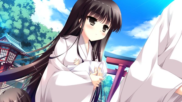 Anime picture 1280x720 with kamigakari cross heart! miyano oume long hair blush black hair wide image game cg traditional clothes black eyes girl