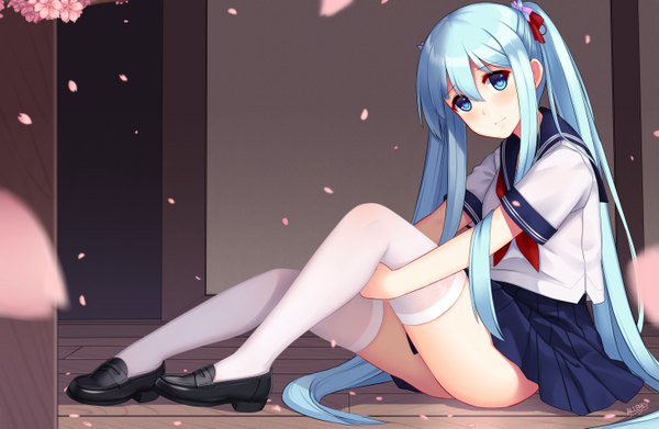 Anime picture 5846x3819 with warship girls r shirayuki (warship girls r) allenes single looking at viewer blush fringe highres blue eyes light erotic hair between eyes sitting twintails signed payot blue hair absurdres full body bent knee (knees) very long hair