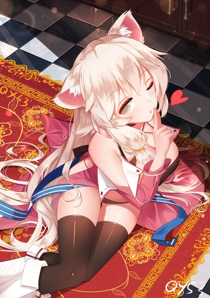 Anime picture 800x1131 with nuoya huanxiang qys3 single long hair tall image looking at viewer blush fringe breasts open mouth light erotic blonde hair hair between eyes large breasts sitting signed animal ears cleavage one eye closed from above