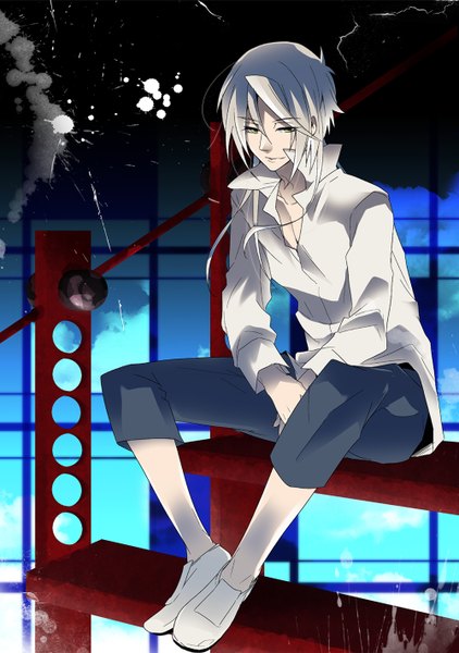 Anime picture 1000x1420 with psycho-pass production i.g shougo makishima kondoru single long hair tall image short hair sitting green eyes yellow eyes sky silver hair grey hair boy shirt building (buildings) splashes