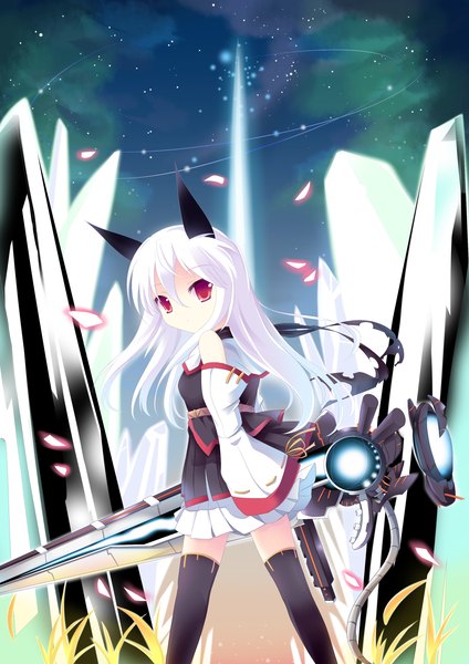 Anime picture 1753x2480 with original nibiiro shizuka single long hair tall image highres red eyes animal ears white hair girl thighhighs skirt weapon black thighhighs detached sleeves miniskirt