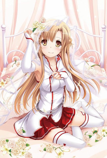 Anime picture 800x1174 with sword art online a-1 pictures yuuki asuna nakajima yuka single long hair tall image looking at viewer blush smile brown hair brown eyes wedding girl thighhighs skirt flower (flowers) detached sleeves petals white thighhighs