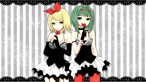 Anime picture 1600x900 with vocaloid kagamine rin gumi short hair blonde hair wide image multiple girls green eyes green hair girl flower (flowers) 2 girls