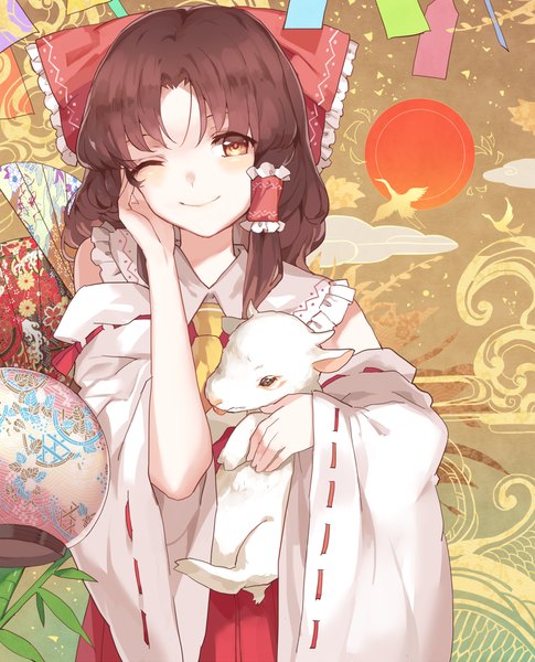 Anime picture 780x965 with touhou hakurei reimu hillly (maiwetea) single long hair tall image looking at viewer blush smile brown hair brown eyes traditional clothes japanese clothes one eye closed miko hand on cheek girl bow hair bow detached sleeves