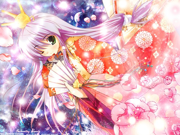 Anime picture 1280x960 with yoake mae yori ruri iro na august soft feena fam earthlight mikeou chisana single long hair looking at viewer fringe green eyes signed purple hair traditional clothes japanese clothes one eye closed wallpaper character names floral print third-party edit girl
