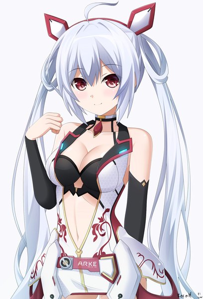 Anime picture 680x1000 with phantasy star phantasy star online 2 sega matoi (pso2) keenh single long hair tall image looking at viewer blush fringe breasts simple background smile hair between eyes red eyes twintails bare shoulders signed payot