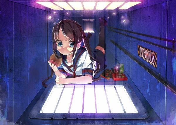 Anime picture 1200x857 with original koba single long hair blue eyes brown hair twintails holding lying glowing on stomach eating girl thighhighs uniform black thighhighs school uniform food shoes boots