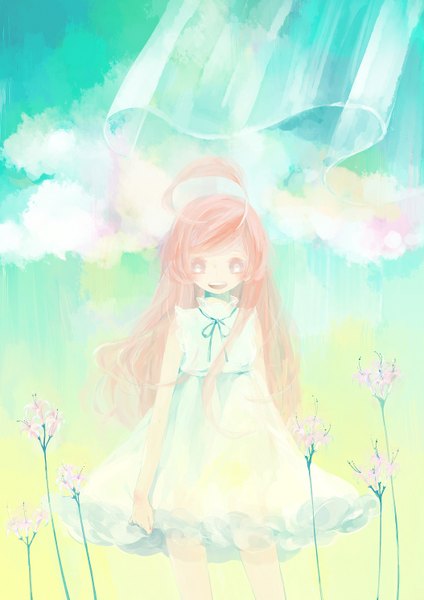 Anime picture 1054x1490 with vocaloid miki (vocaloid) yuugure akane single long hair tall image smile cloud (clouds) ahoge red hair girl dress flower (flowers) white dress