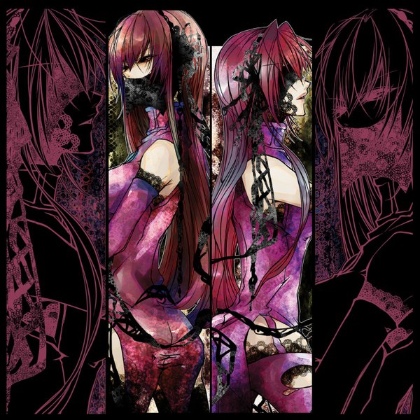 Anime picture 1400x1400 with vocaloid megurine luka riria009 long hair bare shoulders pink hair red hair profile black background dark background multiview blindfold outline girl thighhighs hair ornament detached sleeves lace