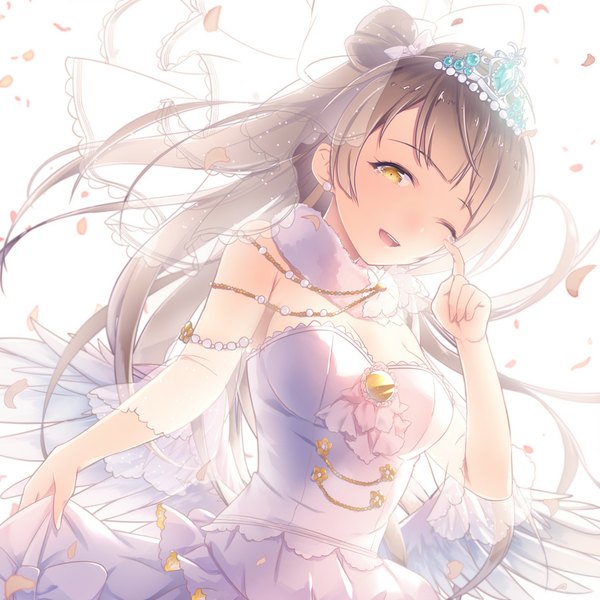 Anime picture 912x912 with love live! school idol project sunrise (studio) love live! minami kotori keito (kazamatuli) single long hair looking at viewer fringe breasts open mouth simple background smile brown hair white background holding cleavage one eye closed hair bun (hair buns) tears