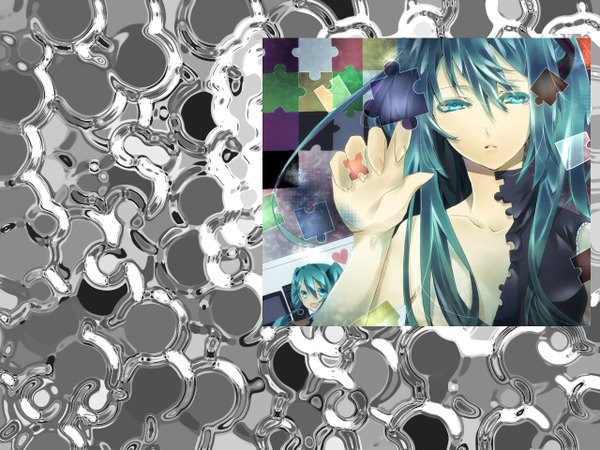 Anime picture 1280x960 with vocaloid hatsune miku 08101009 (artist) long hair open mouth simple background twintails multiple girls aqua eyes aqua hair grey background chibi hair over breasts girl 2 girls heart bubble (bubbles) room speakers computer