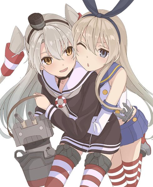 Anime picture 800x982 with kantai collection shimakaze destroyer amatsukaze destroyer rensouhou-kun nananichi long hair tall image blush fringe open mouth blue eyes simple background blonde hair smile hair between eyes white background bare shoulders multiple girls holding yellow eyes