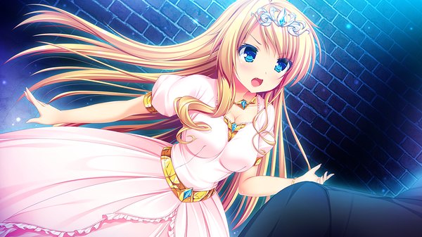 Anime picture 1280x720 with harvest overray giga mikami lilia long hair blush open mouth blue eyes blonde hair wide image game cg girl dress tiara