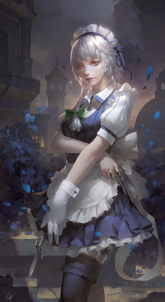 Anime picture 1200x2192 with touhou izayoi sakuya kusi de san gu single long hair tall image looking at viewer fringe breasts smile standing holding signed silver hair cloud (clouds) outdoors braid (braids) parted lips pleated skirt lips