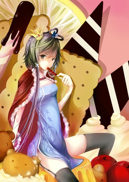 Anime picture 2480x3507 with vocaloid vocaloid china luo tianyi ddsheep single long hair tall image highres sitting green hair black eyes chinese clothes girl thighhighs black thighhighs food sweets crown chinese dress