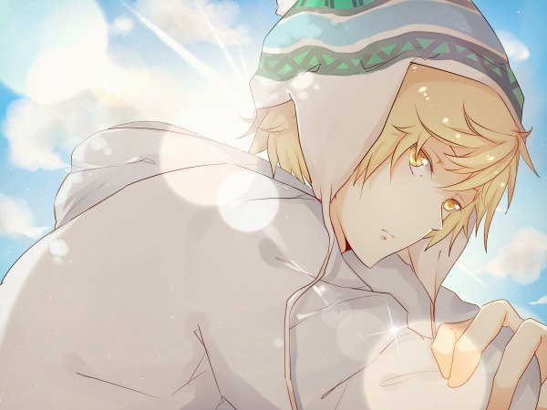 Anime picture 2400x1800 with noragami studio bones yukine (noragami) kurasaki ken single looking at viewer highres short hair blonde hair sitting yellow eyes sky cloud (clouds) sunlight sunbeam boy hood cap