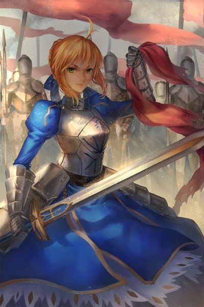 Anime picture 1000x1500 with fate (series) fate/stay night type-moon artoria pendragon (all) saber ttk (kirinottk) tall image looking at viewer short hair blonde hair holding green eyes ahoge knight girl gloves weapon sword armor spear