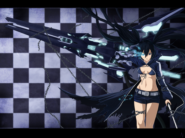 Anime picture 2267x1700 with black rock shooter black rock shooter (character) dark-nyghtmare single long hair highres blue eyes black hair twintails midriff coloring torn clothes scar checkered background girl navel weapon sword shorts belt