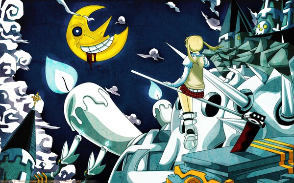 Anime picture 1920x1200 with soul eater studio bones maka albarn highres blonde hair wide image night weapon moon skull candle (candles) castle