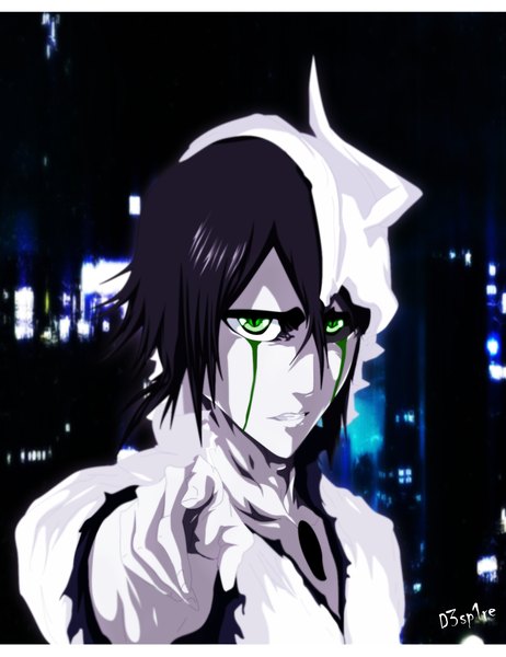 Anime picture 1345x1748 with bleach studio pierrot ulquiorra schiffer schwarrtz single tall image short hair black hair green eyes traditional clothes japanese clothes tattoo coloring facial mark pointing espada boy kimono mask
