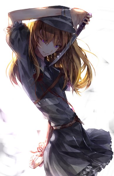 Anime picture 700x1080 with touken ranbu nitroplus midare toushirou esdy single long hair tall image looking at viewer fringe simple background blonde hair smile standing white background purple eyes holding boy uniform weapon peaked cap