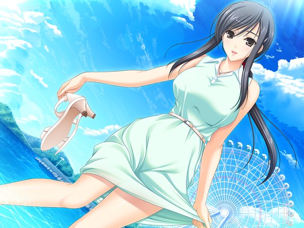 Anime picture 1024x768 with walkure romanze hiiragi ayako long hair looking at viewer open mouth black hair game cg sky cloud (clouds) ponytail black eyes girl dress sundress