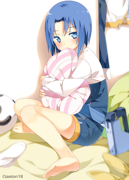 Anime picture 1400x1955 with rokujouma no shinryakusha!? ruthkhania nye pardomshiha tongasart single tall image looking at viewer blush short hair blue eyes blue hair barefoot legs coloring girl shoes shorts pillow toy stuffed animal slippers