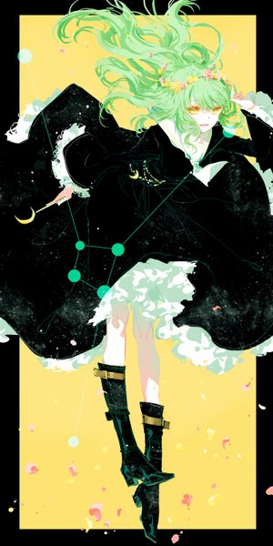 Anime picture 1500x3000 with original moss (2225028) single long hair tall image looking at viewer fringe yellow eyes hair flower wide sleeves border happy crescent weightlessness starry sky print constellation zodiac cancer (zodiac) girl dress