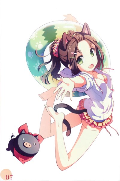 Anime picture 2023x3033 with h2so4 single tall image looking at viewer highres short hair open mouth light erotic simple background brown hair white background green eyes animal ears ponytail tail animal tail cat ears scan cat girl cat tail