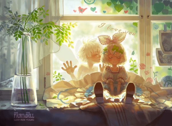 Anime picture 1400x1026 with vocaloid kagamine rin kagamine len yang niangniang blush short hair blonde hair outdoors indoors eyes closed profile short sleeves alternate costume puffy sleeves twins brother and sister dress hair ornament flower (flowers) wings