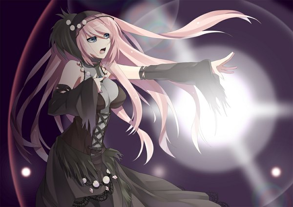 Anime picture 1132x800 with vocaloid megurine luka hijiki (hijikini) single long hair fringe open mouth blue eyes bare shoulders pink hair midriff light pale skin lacing girl dress hair ornament detached sleeves frills black dress