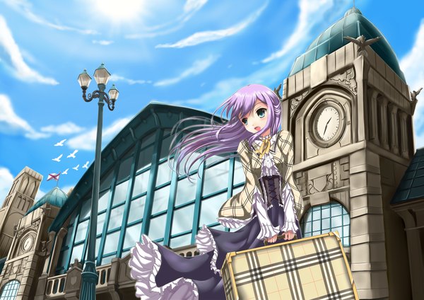 Anime picture 2000x1414 with original fatkewell single long hair highres open mouth green eyes purple hair girl dress building (buildings) clock lantern flag lamppost tower suitcase clock tower