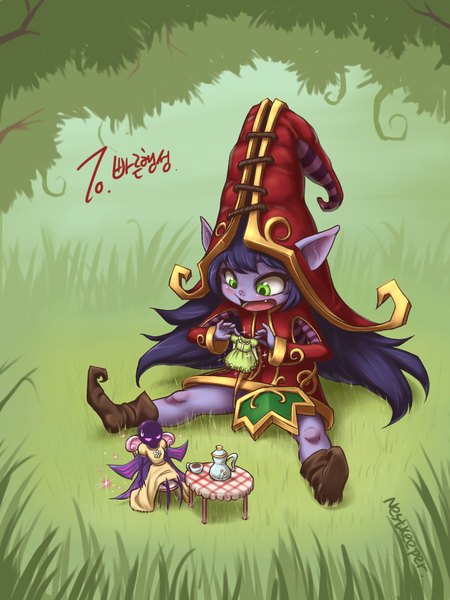 Anime picture 768x1024 with league of legends lulu (league of legends) nestkeeper single long hair tall image blush open mouth smile sitting green eyes purple hair pointy ears girl plant (plants) hat grass witch hat