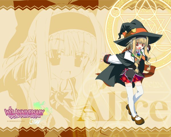 Anime picture 1280x1024 with wiz anniversary long hair open mouth blonde hair red eyes girl thighhighs skirt uniform school uniform white thighhighs hairband witch hat