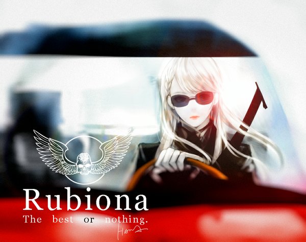 Anime picture 1113x881 with unlight (game) ada (unlight) say hana single long hair blonde hair sitting looking away braid (braids) driving girl gloves white gloves sunglasses coat ground vehicle car