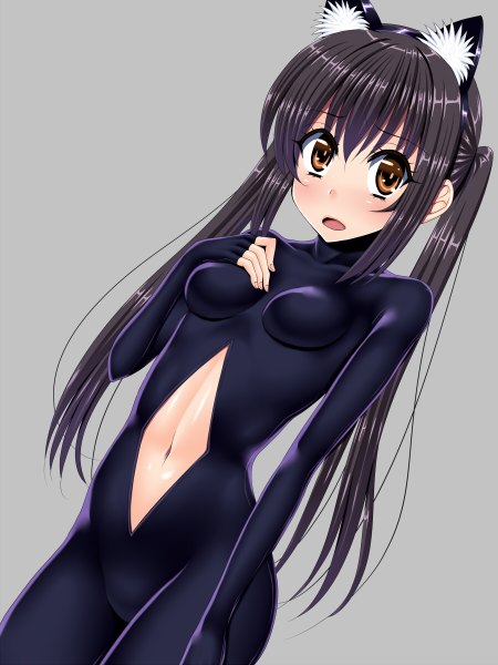 Anime picture 900x1200 with k-on! kyoto animation nakano azusa sen (sansui) single long hair tall image looking at viewer breasts light erotic black hair twintails brown eyes animal ears cat ears grey background cat girl girl navel bodysuit
