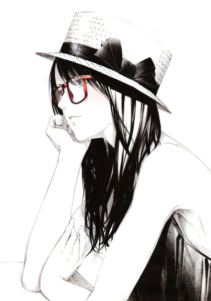 Anime picture 1038x1479 with original sousou (sousouworks) single long hair tall image fringe black hair simple background white background bare shoulders monochrome casual spot color girl hat glasses table straw hat