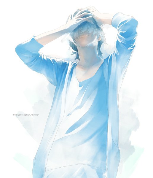 Anime picture 825x959 with original re (artist) single tall image short hair simple background standing white background signed blue hair hair over eyes hands on face hands on head boy
