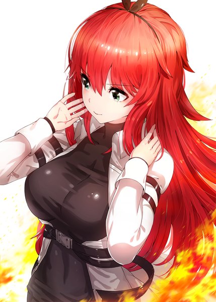 Anime picture 841x1175 with kfr single long hair tall image breasts large breasts white background green eyes red hair from above light smile open clothes open jacket adjusting hair girl jacket belt fire turtleneck