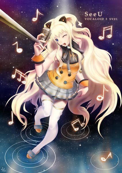 Anime picture 1219x1724 with vocaloid seeu lkarisu (artist) single tall image fringe open mouth blue eyes blonde hair animal ears very long hair one eye closed wink cat ears zettai ryouiki singing girl thighhighs detached sleeves water