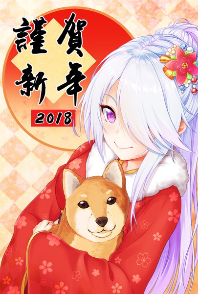 Anime picture 1181x1748 with original zuizhong single long hair tall image looking at viewer fringe smile purple eyes silver hair ponytail traditional clothes japanese clothes hair over one eye new year checkered checkered background nengajou 2018 girl